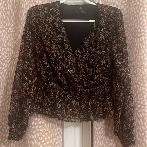 Japna Womens sz L Black Orange Floral Surplice Smocked Blouse - Picture 1 of 4